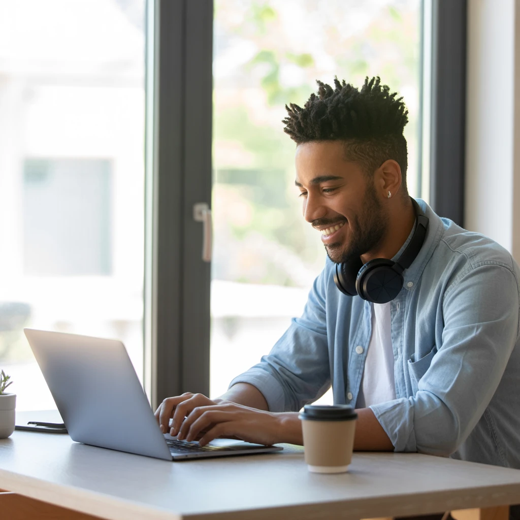 Independent business owner reviewing his work on a laptop