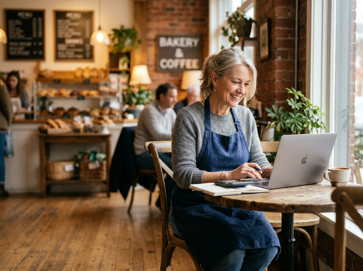 Bakery owner smiling while reviewing her profit on a laptop in her shop