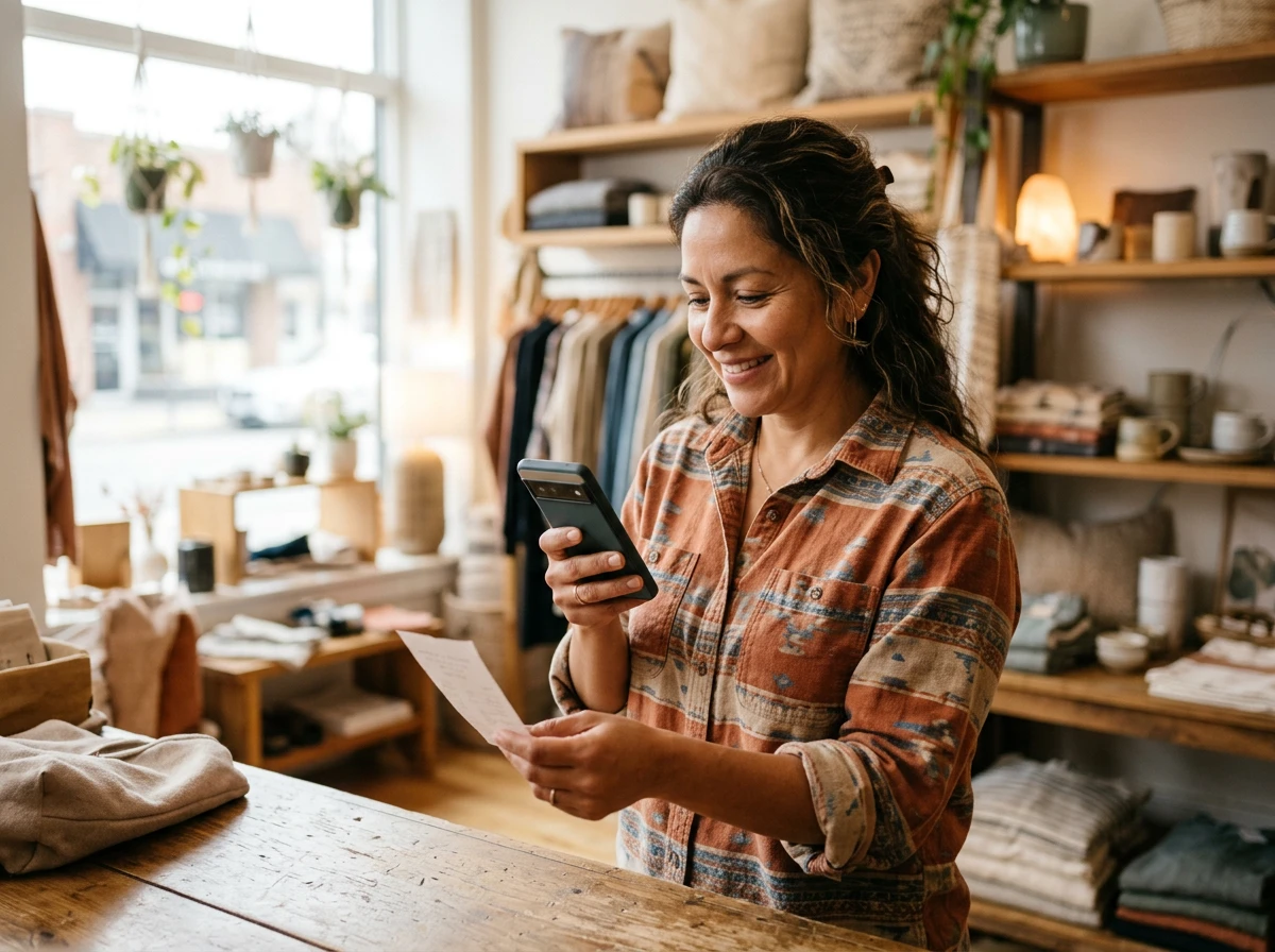 Small shop owner photographing a paper receipt with her phone at the counter