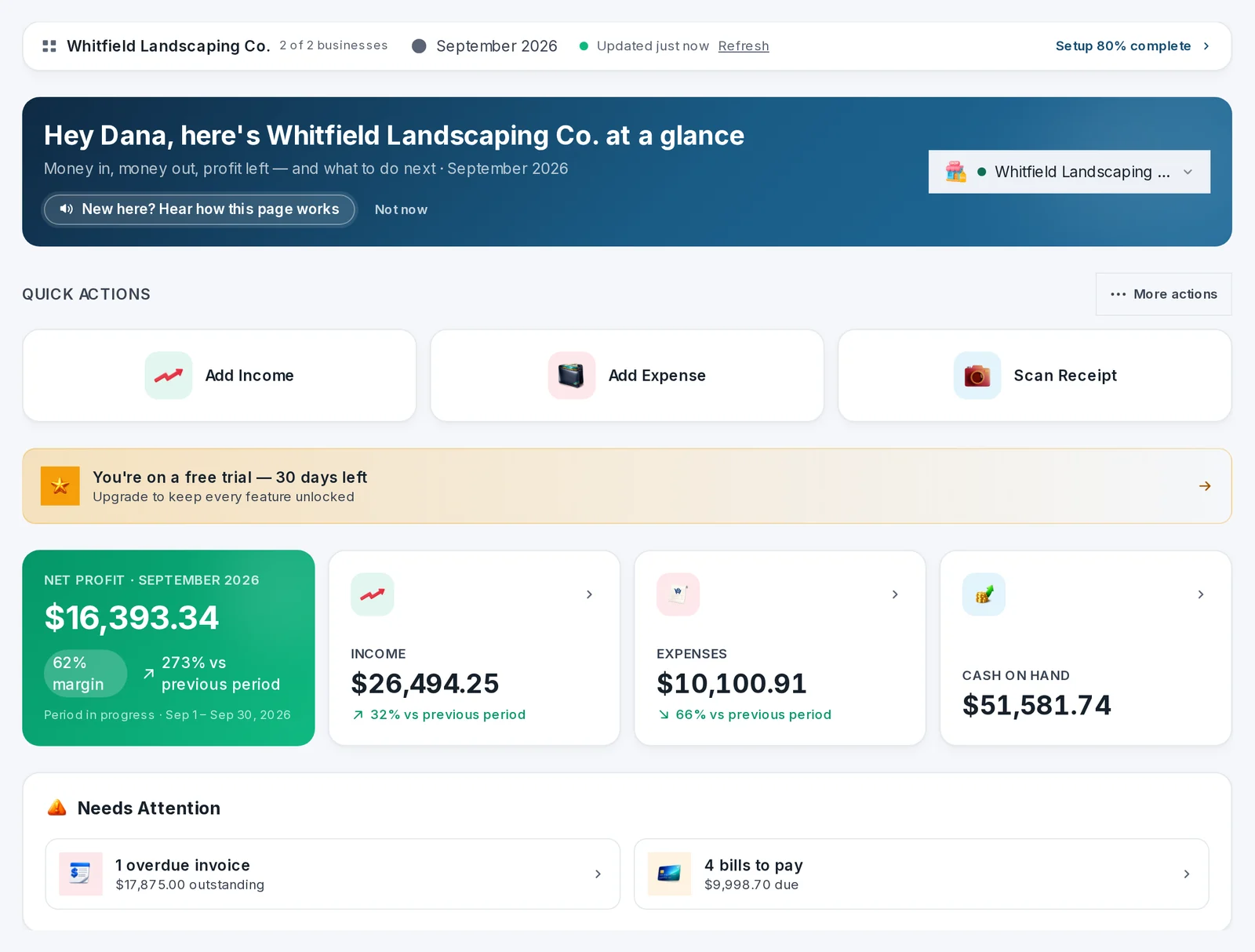 Actual YourProfitBook dashboard with sample income, expenses, net profit and account balances